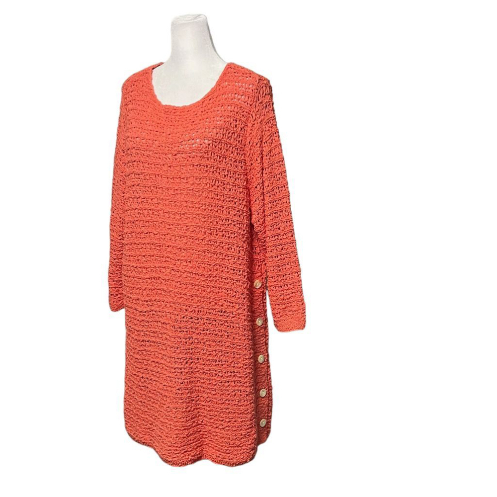 J. Jill Coral Open Knit Button Detail Sweater Tunic Dress 3/4 Sleeve Size Medium